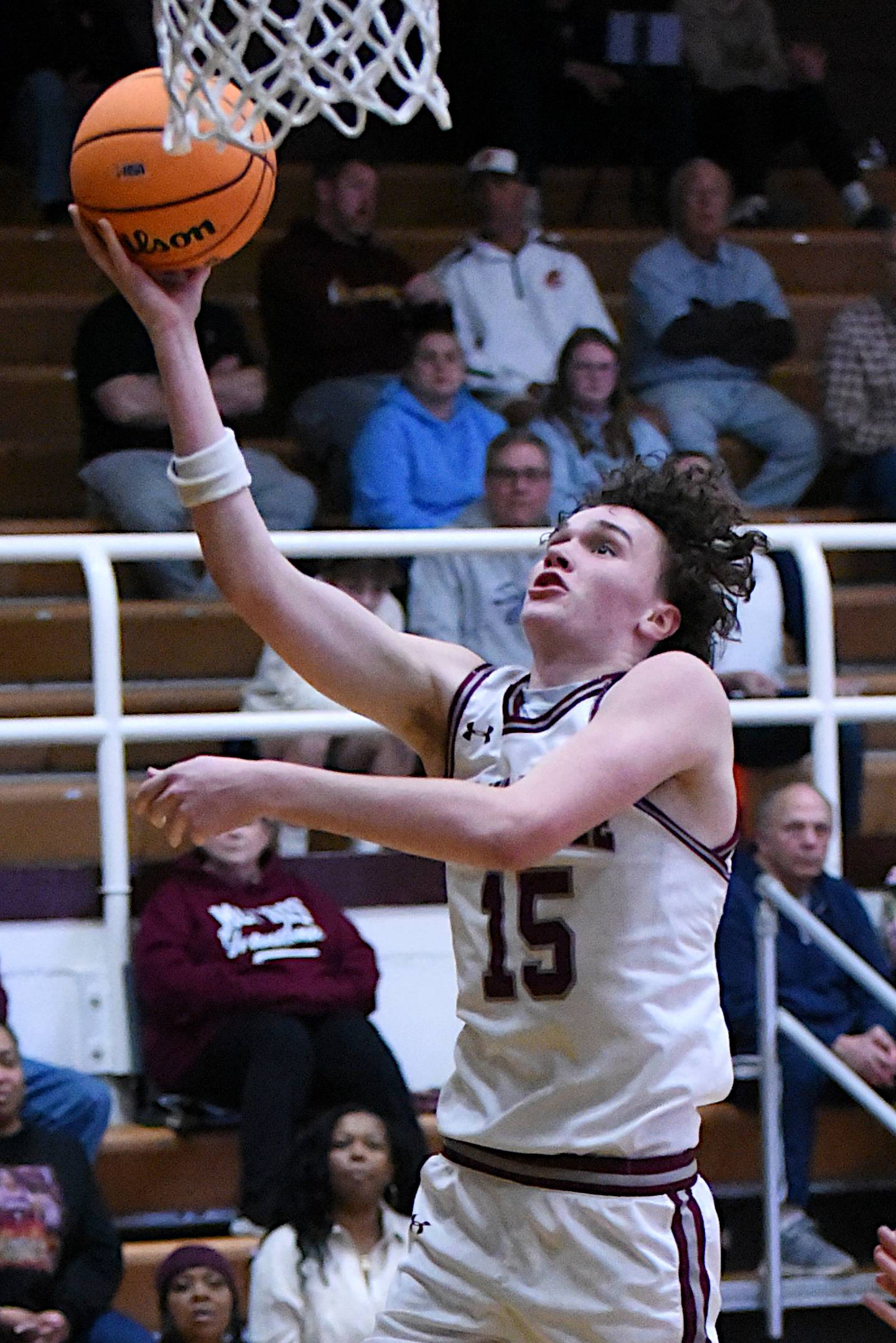Kankakee's Eli Stipp elevates for a layup during the Kays' IHSA Class 3A Morris Regional semifinal against Pontiac Wednesday, Feb. 26, 2025.