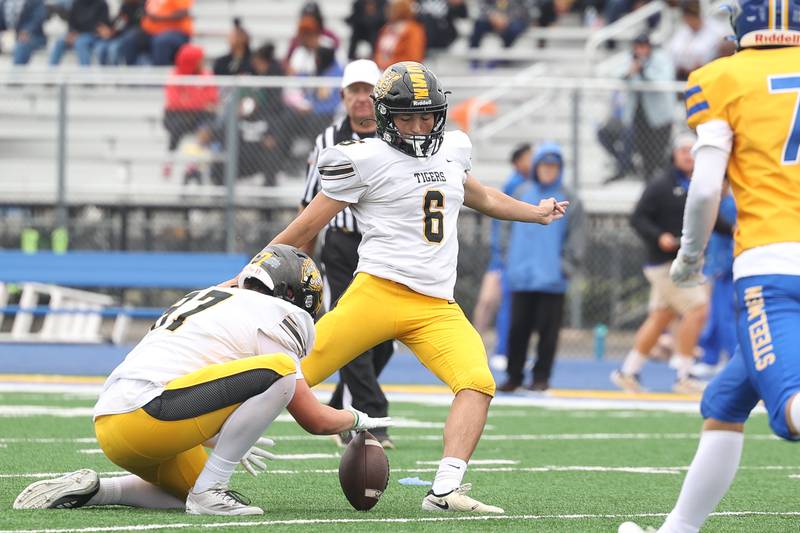Joliet West’s Adrian Ramirez kicks a field goal against Joliet Central on Saturday, Sept. 28, 2024 in Joliet.
