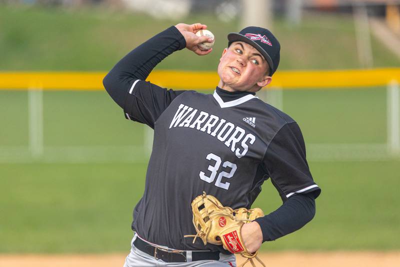 Brayden Matsko (32) of Streator/Woodland pitches on Thursday, April 10, 2025 at St. Bede High School in Peru.