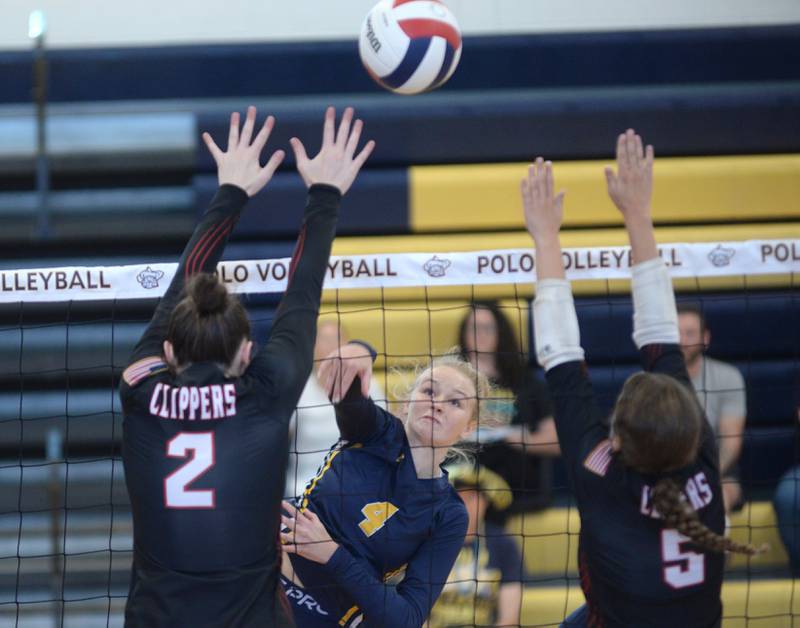 Polo's Camrynn Jones spikes the ball against Amboy at the Polo Invite on Saturday, Sept. 27, 2025.