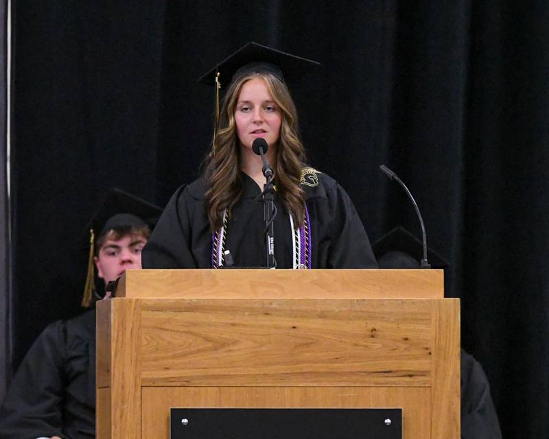 Sycamore High School senior student speaker Anna Berry gives a speech on Sunday, May 25, 2025, during the Class of 2025 Commencement ceremony at the high school.