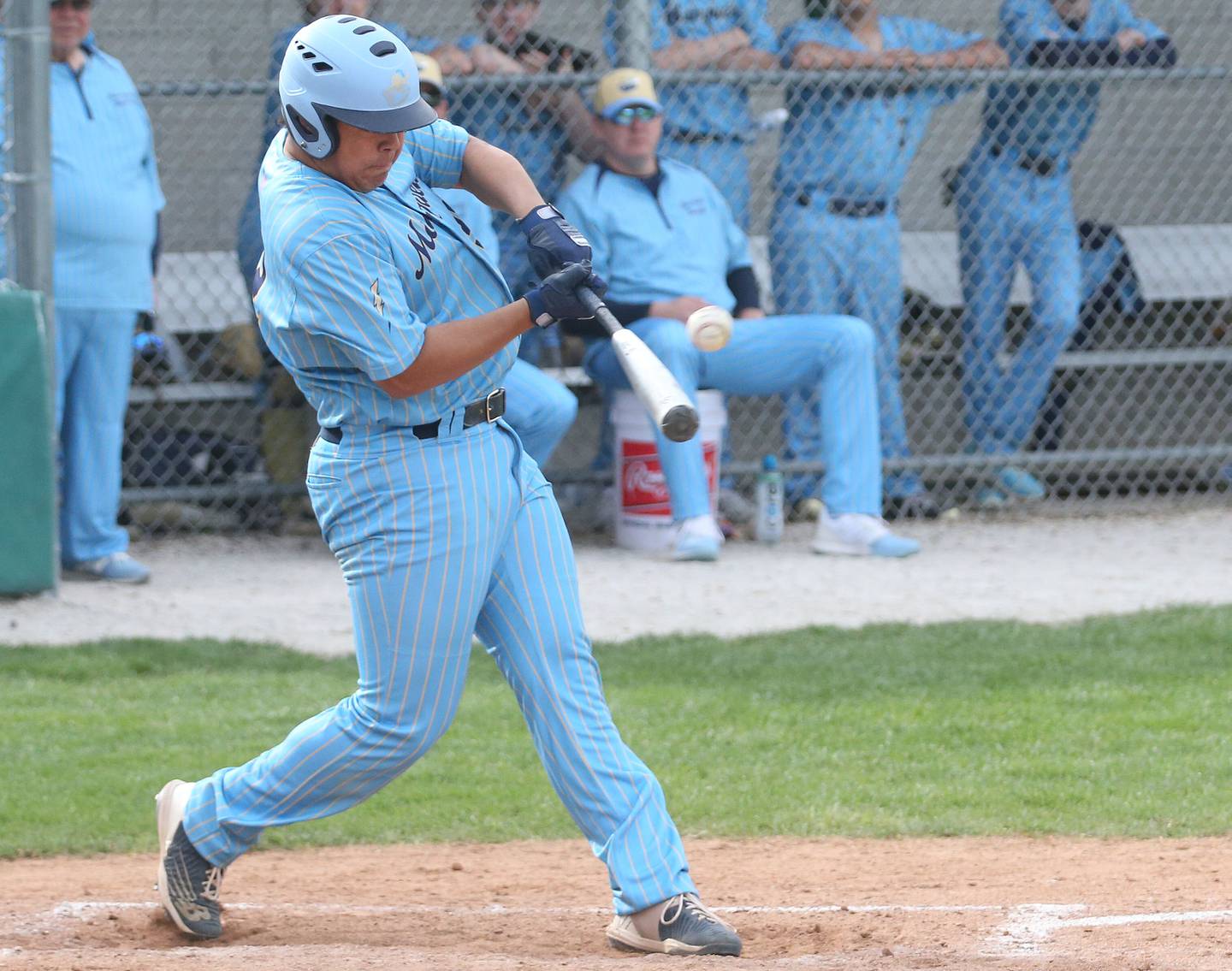 Marquette's Sam Mitre smacks a hit against St. Bede on Monday, April 22, 2024 at St. Bede Academy.