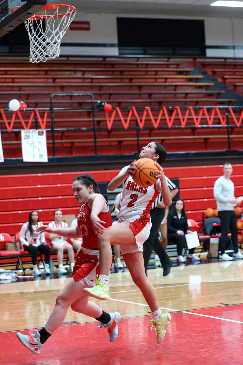 Bradley-Bourbonnais' Abby Bonilla goes for a layup against Ottawa's Mary Stisser during Ottawa's 55-44 victory on Monday, Feb. 9, 2026.