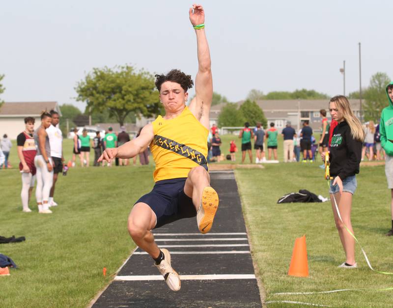 Sterling's Cale Ledergerber competes in the long jump during the Class 2A track sectional meet on Wednesday, May 17, 2023 at Geneseo High School.