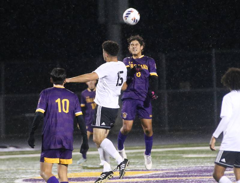 Mendota's Ramiro Palacios beats Kewanee's Christian Bretado to a header during the Class 1A Regional game on Wednesday Oct. 18, 2023 at Mendota High School.