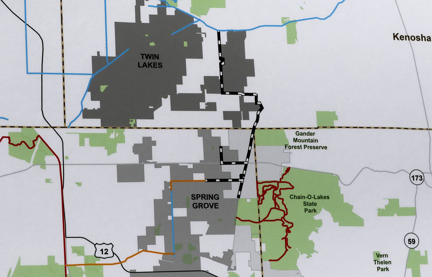 A map of the proposed Midwest Interstate Trail, a bike and pedestrian trail to connect the McHenry and Kenosha counties bike and pedestrian trails on Thursday, Aug. 24, 2023, at Wilmot Mountain Ski Resort.