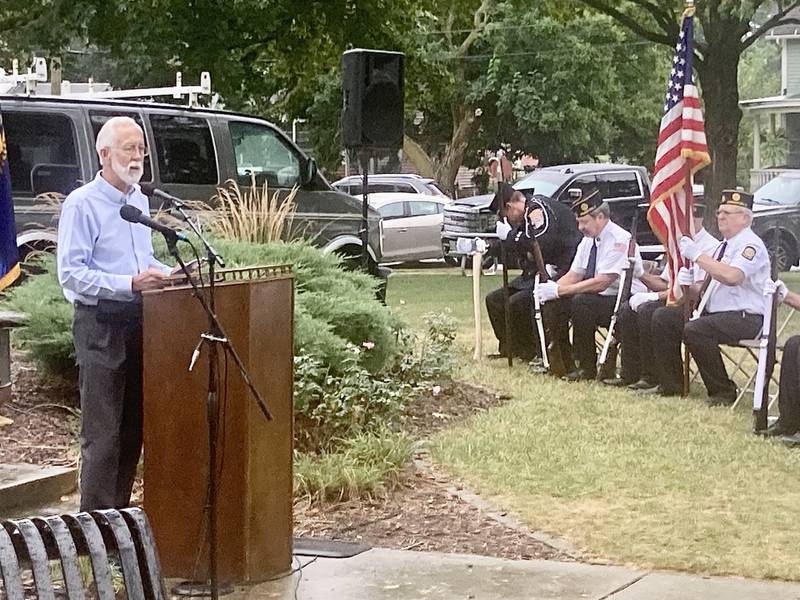 Retired Air Force veteran Brad Oeder speaks during Monday's 9-11 Remembrance at Soldiers and Sailors Park in Princeton.