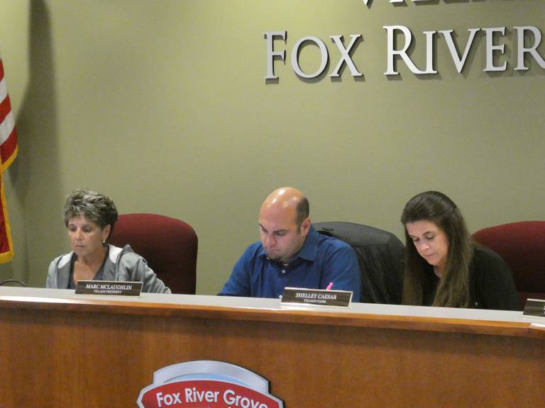 Members of the Fox River Grove board of trustees and staff--from left to right, Melissa Schladt, chairman Marc McLaughlin and Village Clerk Shelley Caesar--discussed the future of "Block B" downtown during their meeting on Tuesday night, Oct. 4, 2022.