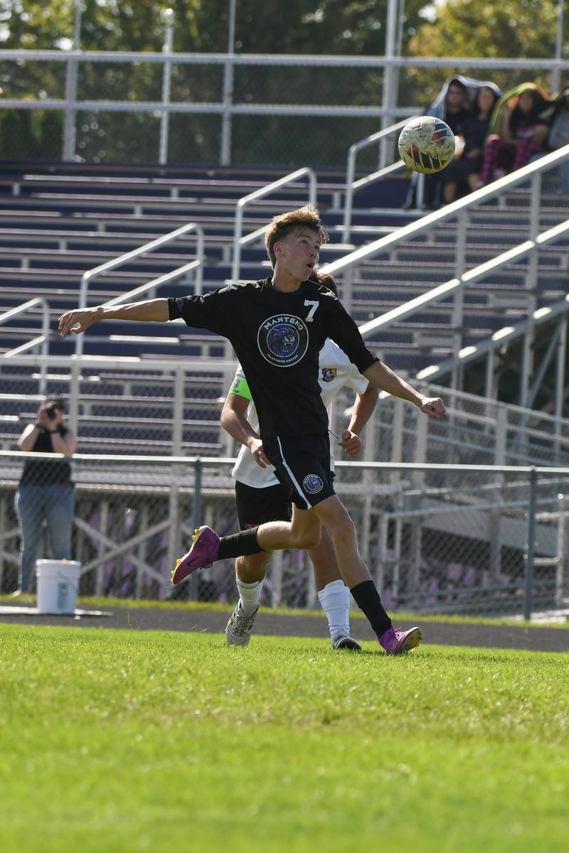 Manteno's Eric Eldridge chases down a ball during the Panthers 2-1 loss in the Manteno Rivals Cup championship on Saturday, Sept. 27, 2025.
