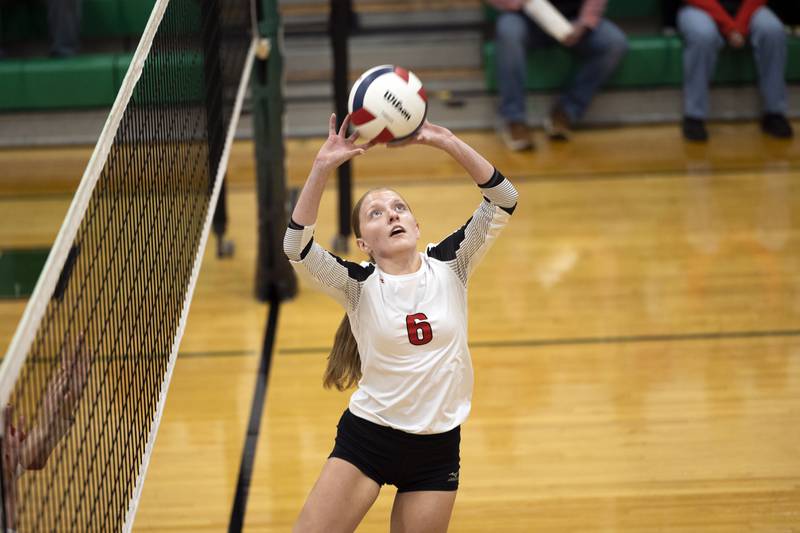 Erie-Prophetstown’s Kaylee Keegan sets the ball against Oregon Tuesday, Oct. 28, 2025, in the Class 2A regional semifinal at Rock Falls.