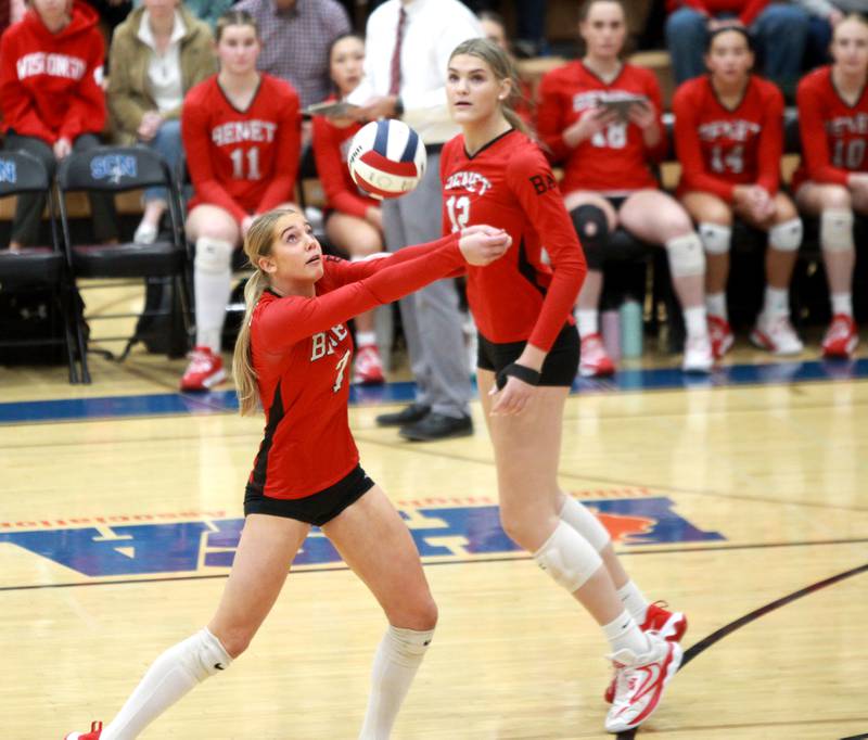 Benet’s Audrey Asleson returns the ball during the Class 4A St. Charles North Supersectional on Monday, Nov. 11, 2024 against New Trier.