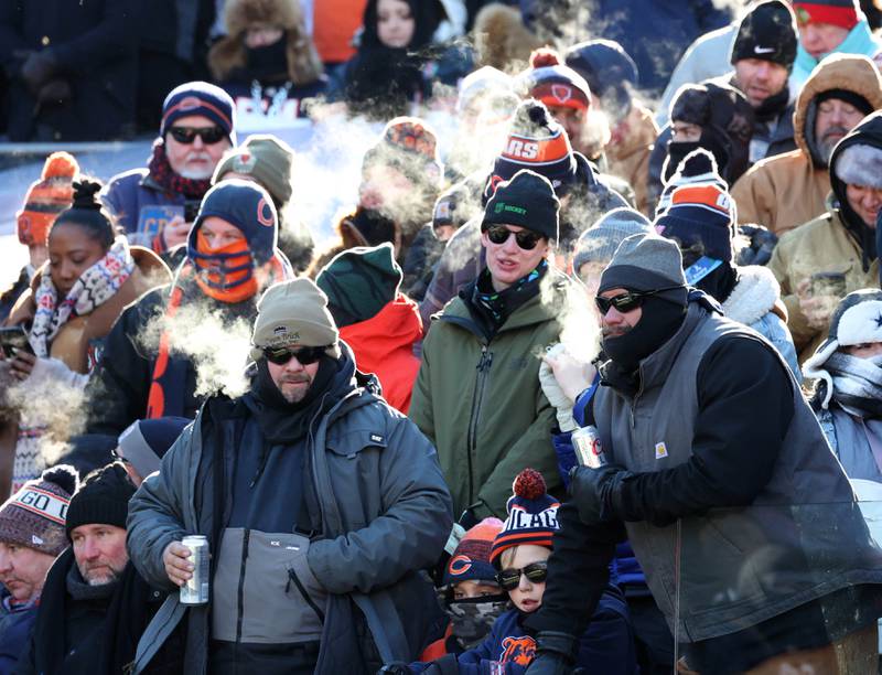 Steam rises from the fans on a frigid day for the Chicago Bears and Cleveland Browns game Sunday, Dec. 14, 2025, at Soldier Field in Chicago.