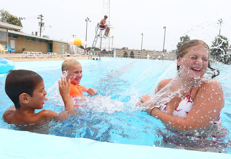 From a July 28, 2021, file photo: Axel Kelly 7, and his friend Brayzen Zellers, 6, and Amaya Kelly 14, all of Ottawa, seek relief during a heat advisory at Riordan Pool in Ottawa. The National Weather Service has issued alerts across the Midwest about a surge in temperatures starting Monday.