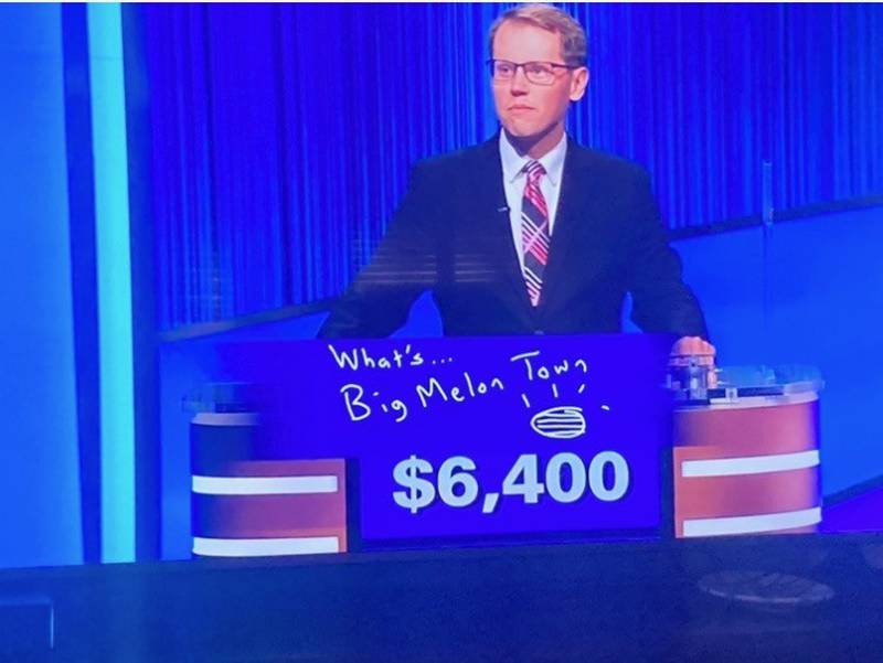 Princeton band instructor Steven Olson drew a cartoon watermelon when he didn't know the answer for his Final Jeopardy question. He won four games and won over $76,000 in prize money.