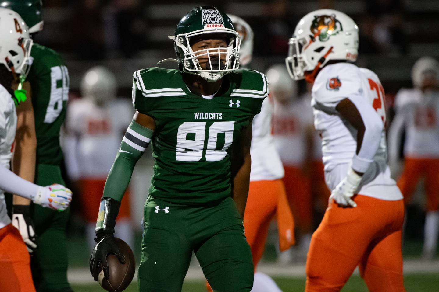 Plainfield  Central's Alex Garcia Ryder reacts to a first down during a game against Plainfield East Friday Sept. 27, 2024 at Plainfield Central High School