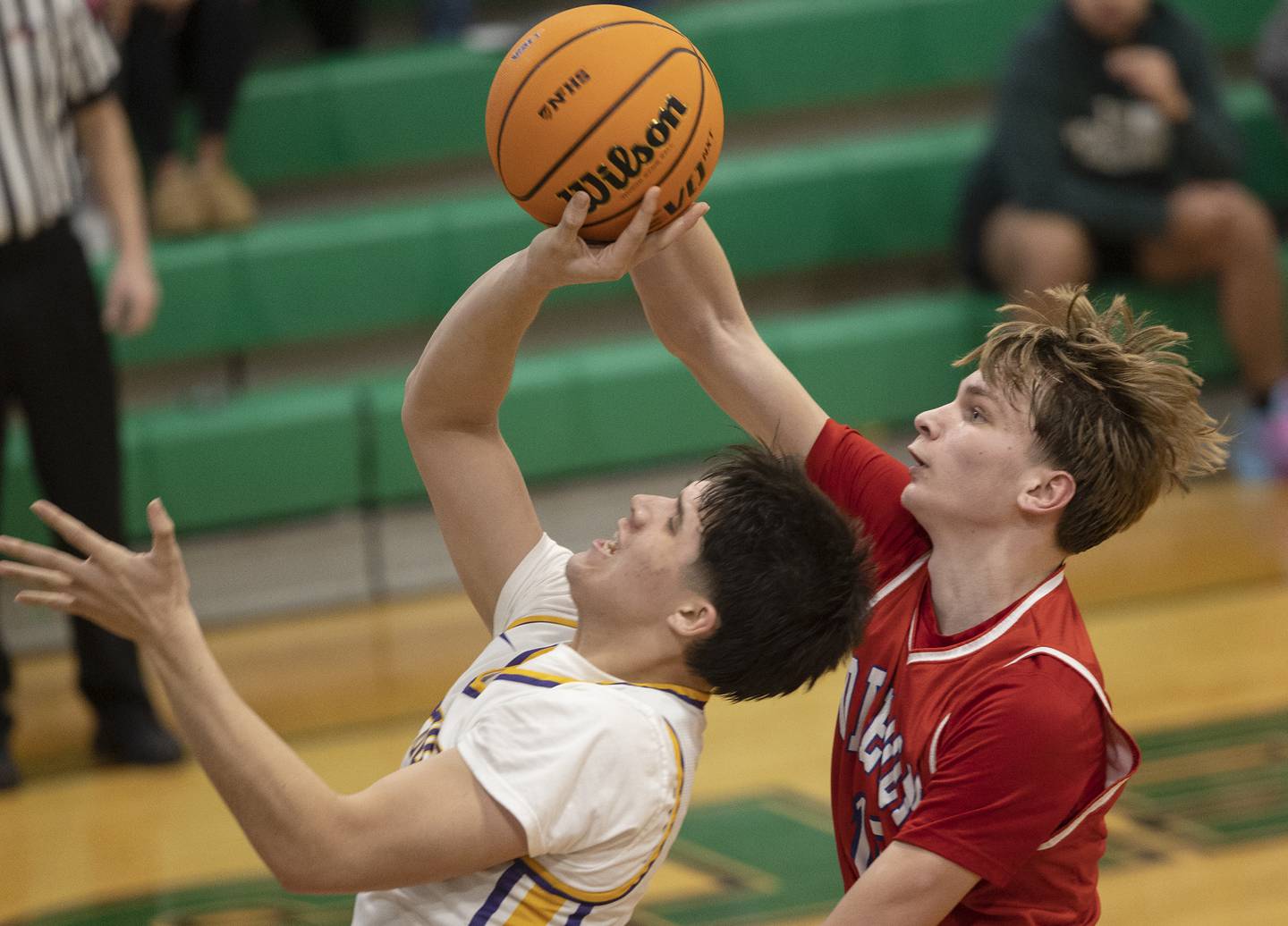 Oregon’s Brian Wallace was called for a foul on Mendota’s Drew Becker Friday, Feb. 27, 2026, at the Class 2A Rock Falls boys basketball regional.