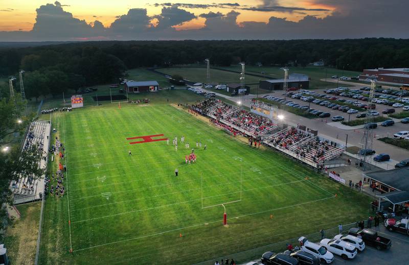 An aerial view of Richard Nesti Stadium as Hall plays Sherrard during Homecoming night on Friday, Sept. 19, 2025 at Richard Nesti Stadium.