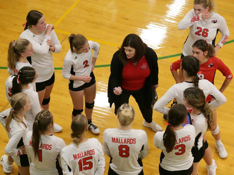 Henry-Senachwine head coach Rita Self talks to her team during a timeout in the Tri-County Conference Tournament on Monday, Oct. 10, 2022 in Seneca.