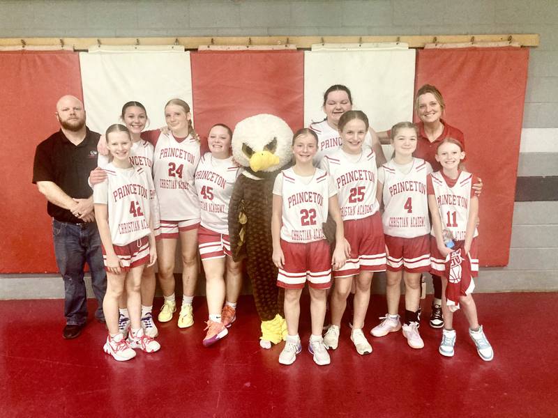 The Princeton Christian Academy Lady Eagles defeated LaMoille 24-18 to capture third place in the BVEC Tournament on Thursday at PCA's Howard Hoffman Gymnasium. Team members are (from left) coach Mitch McCoy, Mimi Bayer, Emily Hansen, Violet Scruggs, Noelle Richey, Mairyn McCoy (mascot), Callie Odell, Makaylee McCoy, Regan McComber, Mia Bullington, Rose Tracey and coach Sarah Scruggs.