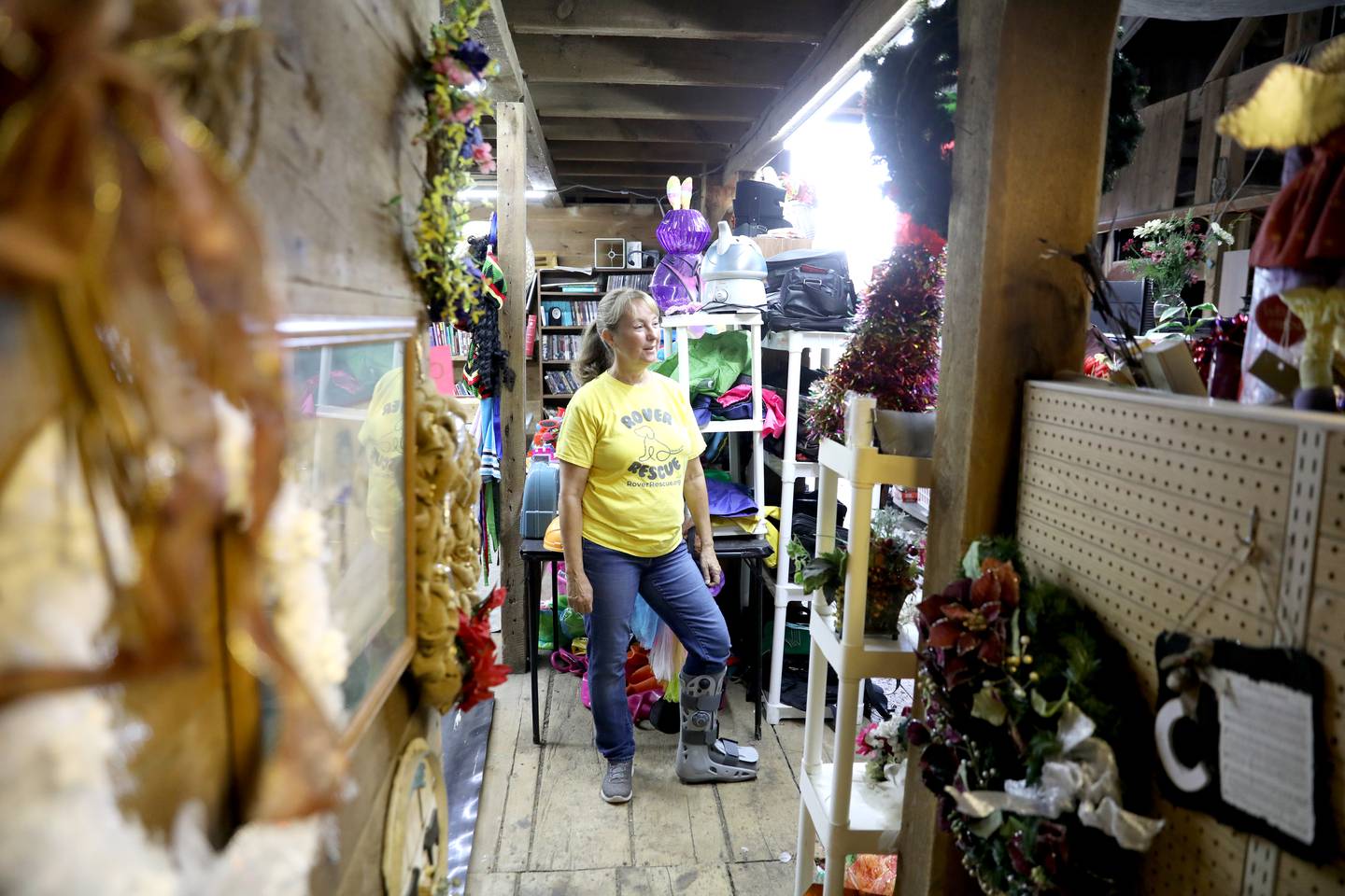 Teri Grandt, foster home coordinator for Aurora-based Rover Rescue, shows the items that will be for sale during the organization’s final barn sale of the season in Oswego. All money from the barn sales go toward veterinarian bills for the dogs and puppies in Rover Rescue’s foster homes waiting for adoption. The sale runs Sept. 13-15, 2024 at 5401 Route 71 in Oswego.