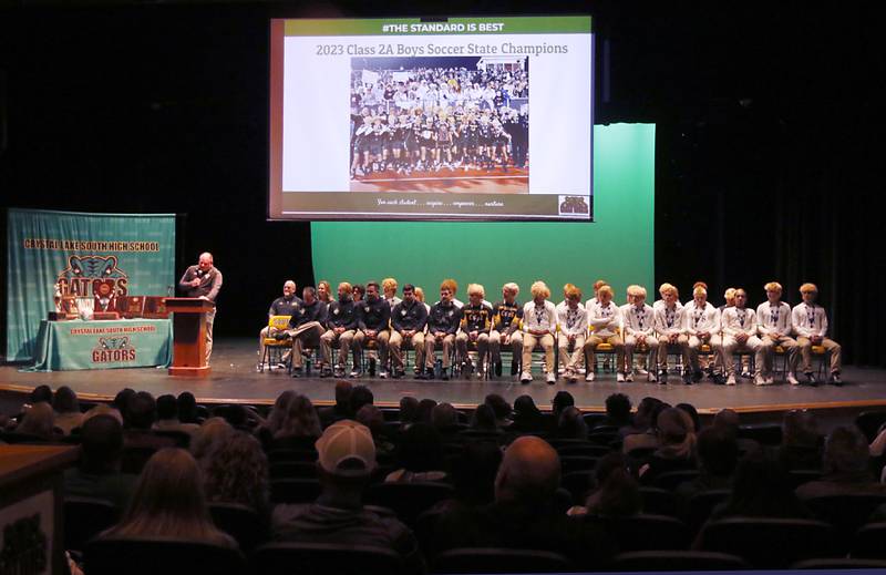 Crystal Lake South Head Coach Brian Allen talks about the team and their season during a celebration for the Crystal Lake South boys soccer team on Wednesday, Nov. 8, 2023, at Crystal Lake South High School. South defeated Peoria Notre Dame to win their second soccer state championship on Saturday.