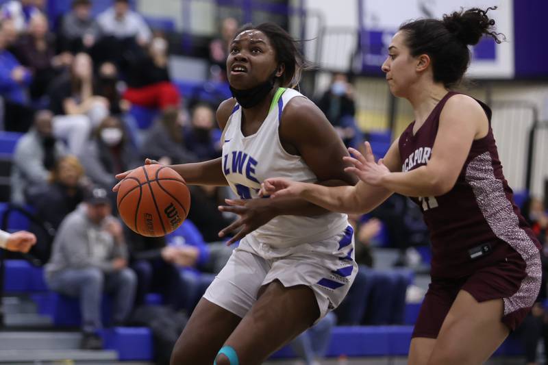 Lincoln-Way East’s Sanai Tyler looks to take a shot against Lockport in the Class 4A Lincoln-Way East Regional semifinal. Monday, Feb. 14, 2022, in Frankfort.