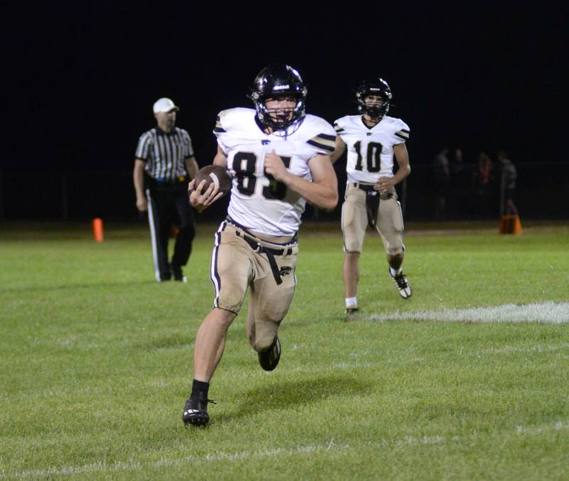 Lena-Winslow's Aiden Wild runs for a gain against Forreston on Friday, Aug, 29, 2025 at Forreston High School.
