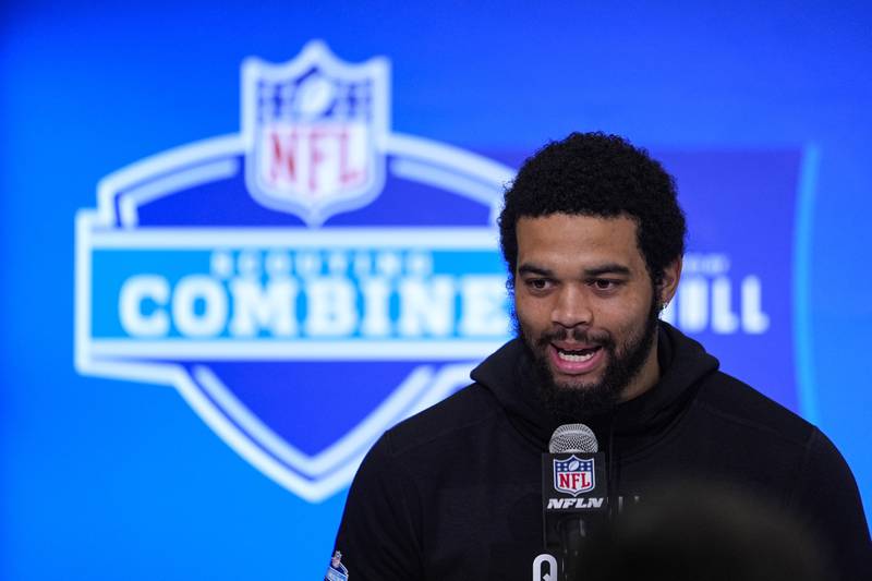 USC quarterback Caleb Williams speaks during a press conference at the NFL combine in Indianapolis, Friday, March 1, 2024.