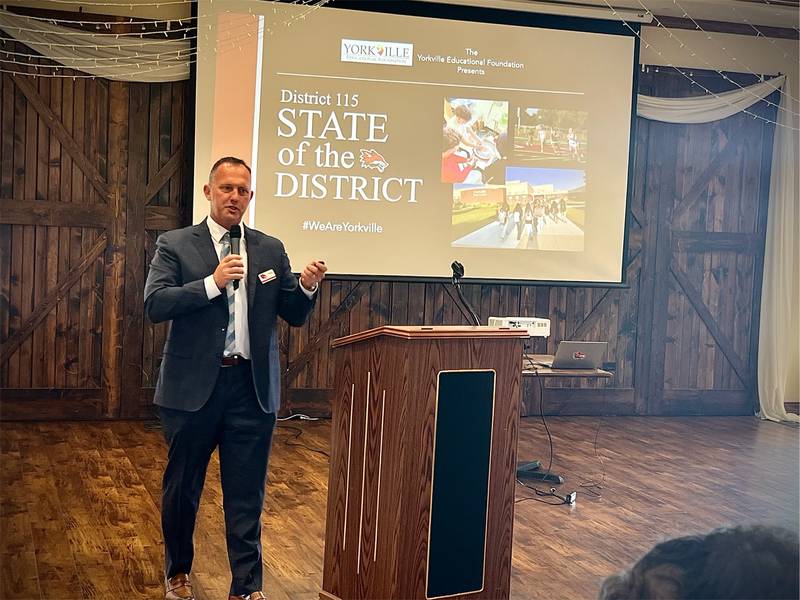 Yorkville School District 115 Superintendent Matt Zediker presents the State of the District on Sept. 23.