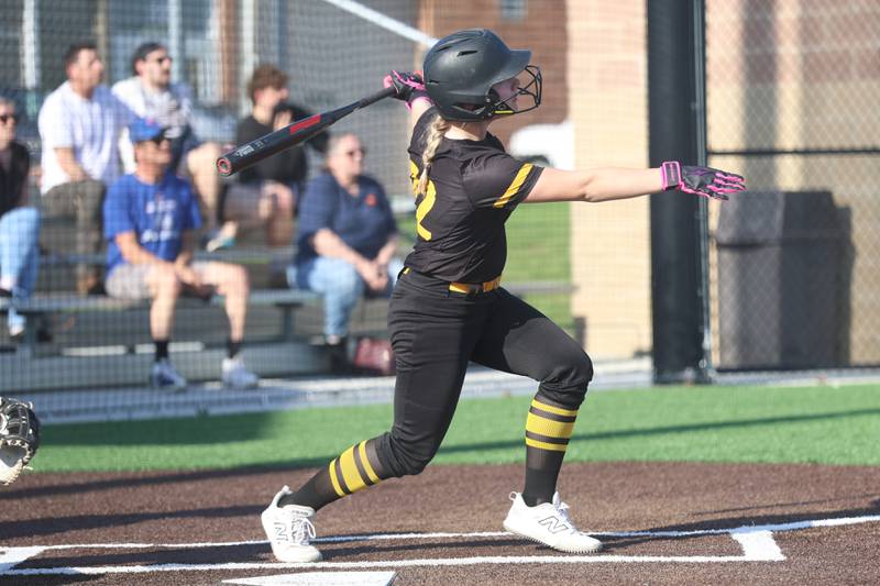 Joliet West’s Emi Catlin connects for a three run home run against Joliet Central on Wednesday, April 22, 2026 in Joliet.