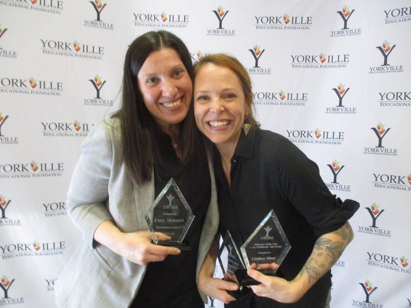 Yorkville School District Y115 art teacher Lindsey Moss, right, was named the district's employee of the year by the Yorkville Educational Association on April 5, 2023. She is seen here with Early Childhood Center Coordinator Cory Mehnert, winner of the award for district support staff.