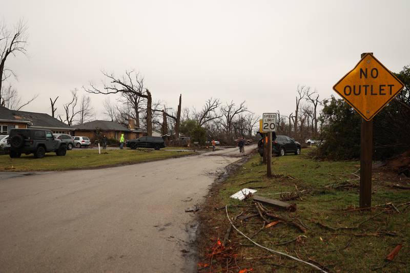 Damage is seen along Oakwood Drive in Aroma Park  on March 11, 2026 following a March 10 tornado that passed through Kankakee County.