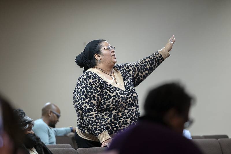 Irene Wimbley-Lewis sings along with the Friendship Temple of Christ Sunday, Jan. 19, 2025, in Sterling.