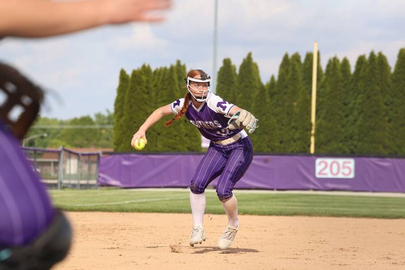 Manteno's Savanna Watkins winds up to throw to first base during Manteno's 11-1 loss to Seneca on Friday, May 8, 2026.