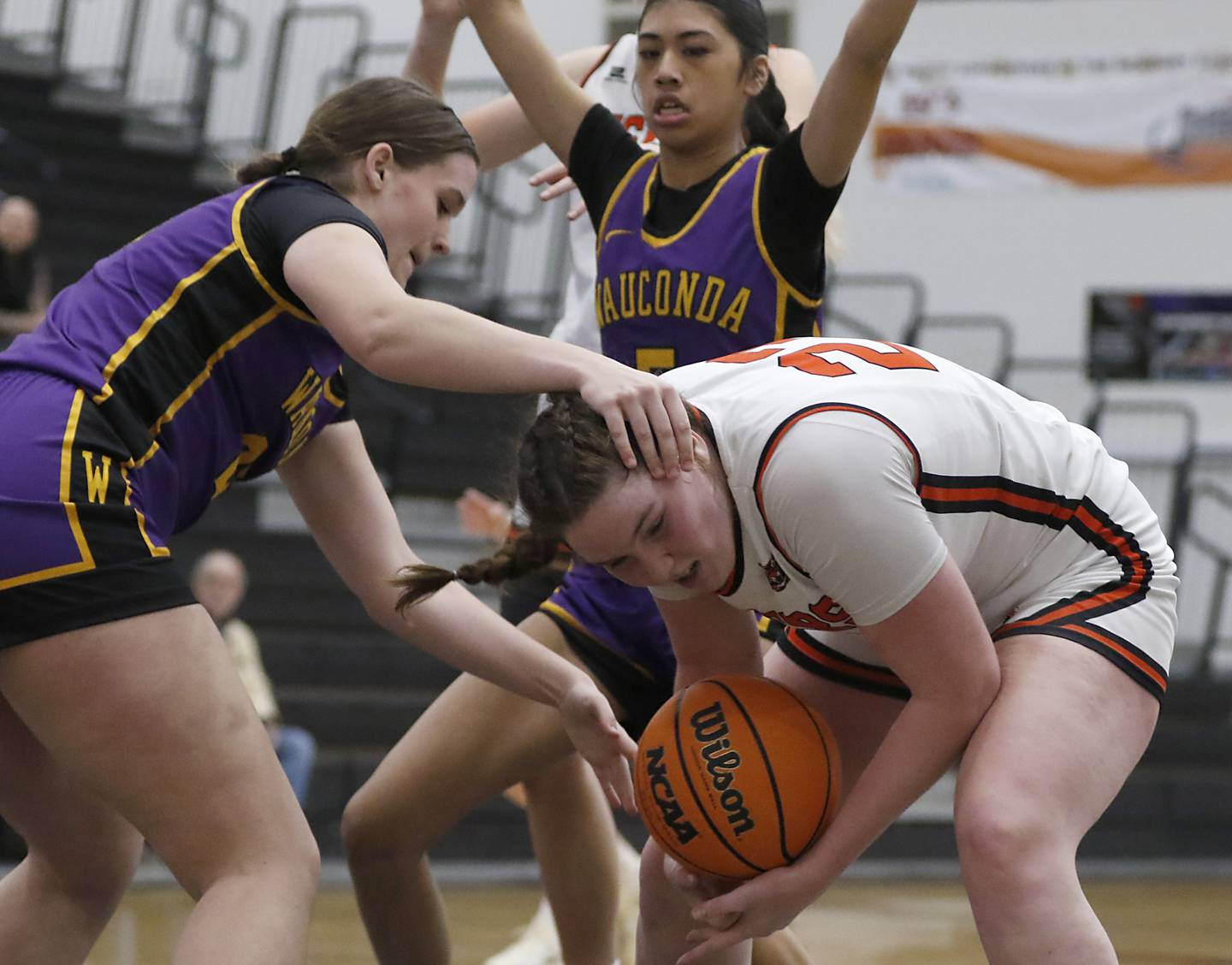 Wauconda's Kelsey Piehl tries to take the ball away from Crystal Lake Central's Leah Spychala during the Northern Illinois Holiday Classic Championship game on Thursday, Dec. 19, 2024, at McHenry High School.
