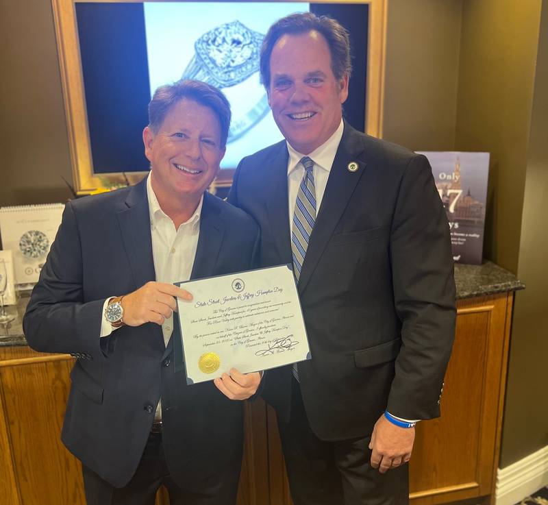 State Street Jewelers owner Jeffrey Hampton (left) with Geneva Mayor Kevin Burns at the Geneva store's party Sept. 25, 2025, celebrating 40 years in business. Burns presented Hampton with a proclamation, recognizing the store's longevity.