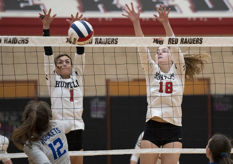 Huntley's Maggie Duyos, left, and Emily Willis block a shot from Burlington Central's Brooke Hoffman during their game on Tuesday, October 4, 2022 at Huntley High School. Ryan Rayburn for Shaw Local
