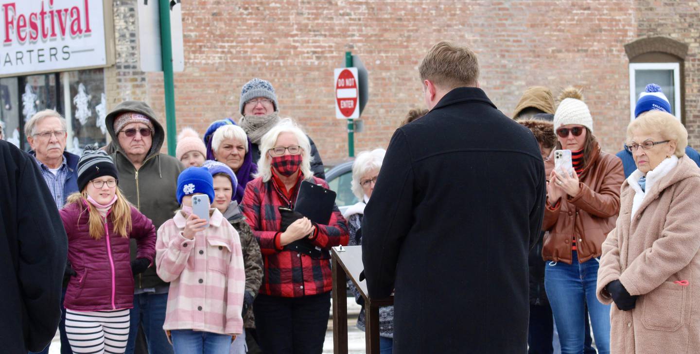 On a frigid Friday afternoon at Dixon's Riverfront Park, Bradley Fritts appears to a gathering of supporters to announce his intention to seek the Republican nomination in the 74th District statehouse race.