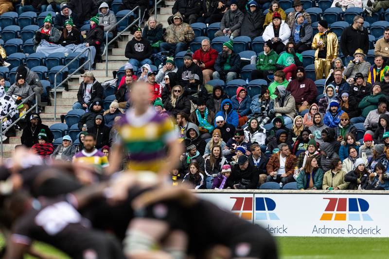 Fans look on during a scrum between the Chicago Hounds and the NOLA Gold during a Major League Rugby match, at Seat Geek Stadium in Bridgeview, on Sunday April 23, 2023.