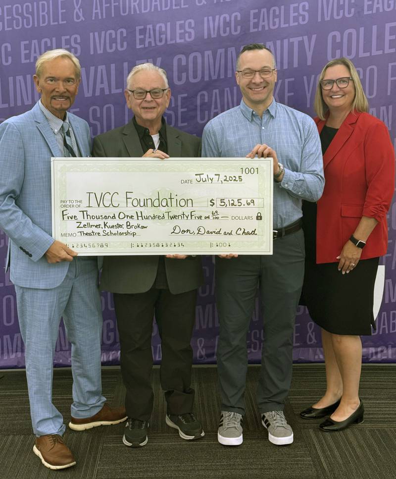 IVCC Theater veterans Don Grant Zellmer, Dr. David Kuester and Chad Brokaw expanded support of the performing arts program through a $1,000 scholarship to assist theater students. They are shown (from left) with College President Dr. Tracy Morris. Zellmer retired from duties as director/choreographer and Dr. Kuester retired as theater professor this year, and Brokaw remains with the college as theater events and technical coordinator.