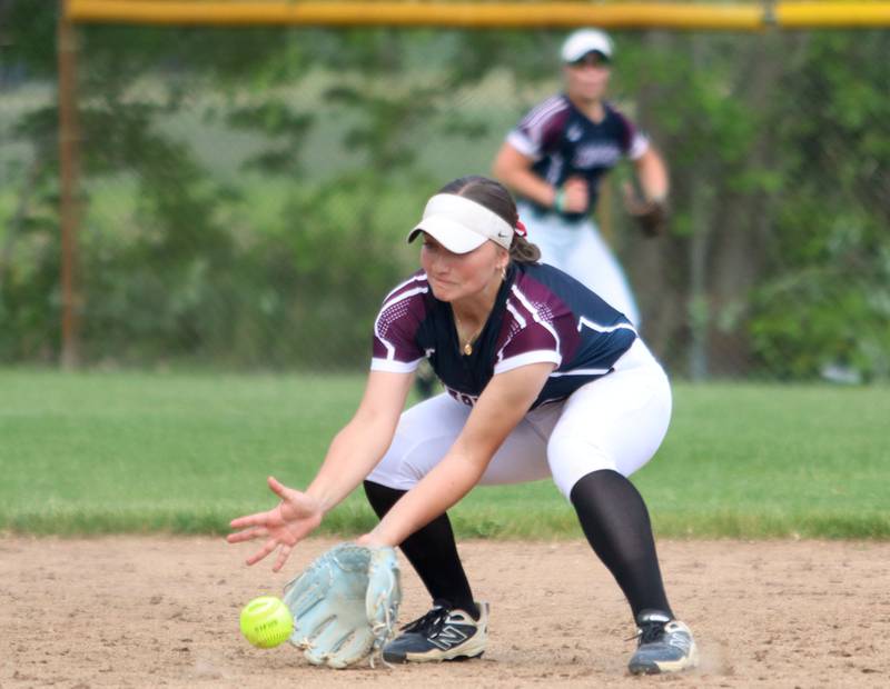 Marengo’s Gabby Christopher fields a grounder against  Morrison in IHSA Class 2A Sectional Semifinal softball action at Marian Central High School in Woodstock on Thursday, May 29, 2025.