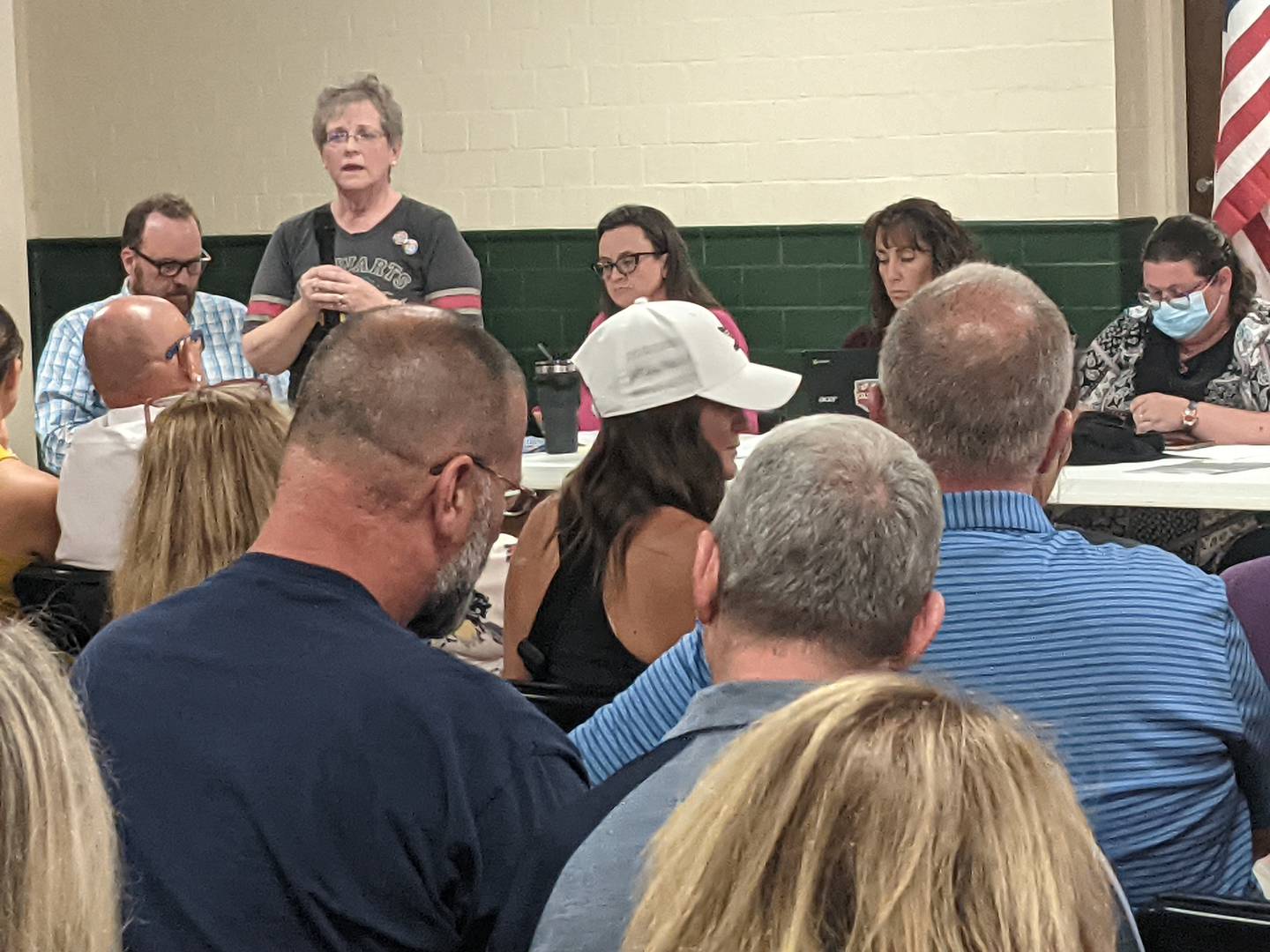 Kristine Schauff, library director at Rock Falls High School, speaks during the Dixon Public Library Board meeting July 11, 2022, against requests to remove LGBTQ comic books from the library.