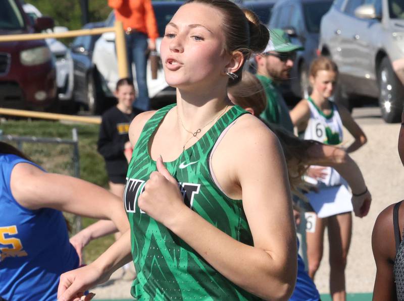 Dwight's Delany Boucher runs the 800 relay during the Class 1A Sectional meet on Thursday, May 14, 2026 at Seneca High School.