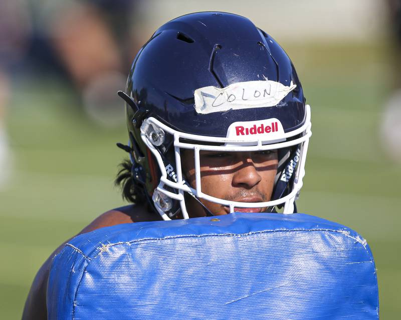 Johnny Colon during blocking drills at Nazareth Academy Football Practice, Monday, Aug 11, 2025  in La Grange.
