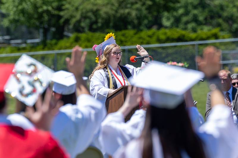 Student Council President, Jayde Lewis speaks at graduation ceremony on Sunday, May 18, 2025 at Hall High School in Spring Valley.
