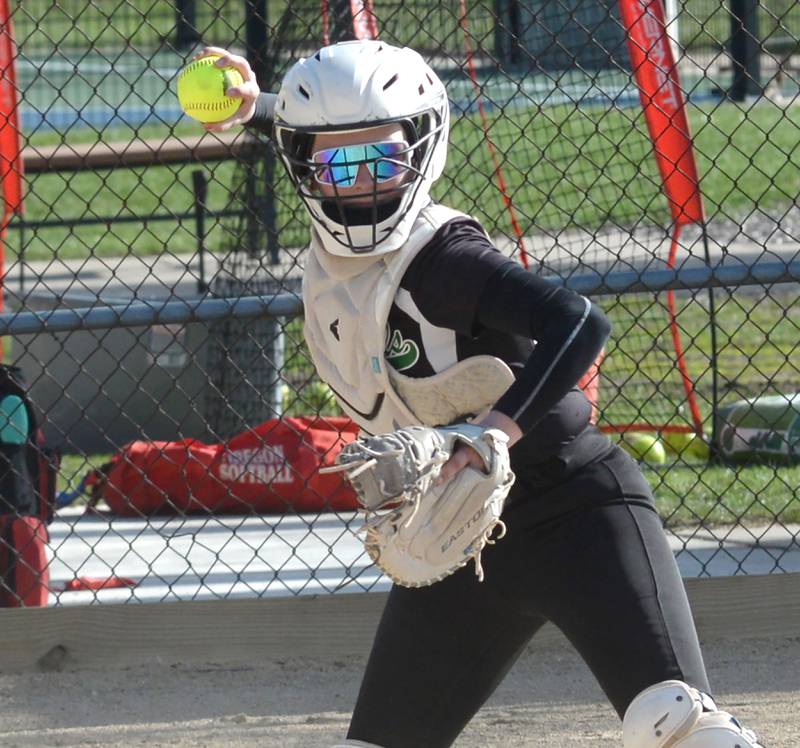 Rock Falls' Maddison Morgan steps on home plate for the force out and then throws to first against Oregon on Monday, April 14, 2025 at Oregon Park West.