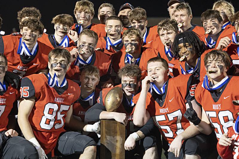 Amboy celebrates their championship win against Ridgewood in the I8FA championship Friday, Nov.17, 2023 at Monmouth College.