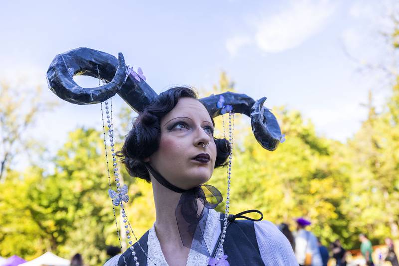 Sarah Bogosh of Chicago, dons a fantastic outfit while touring the Olde English Faire Sunday, October 5, 2025, at the Stronghold. The fair hosted a mix of fantasy and history on the grounds of the Oregon castle.