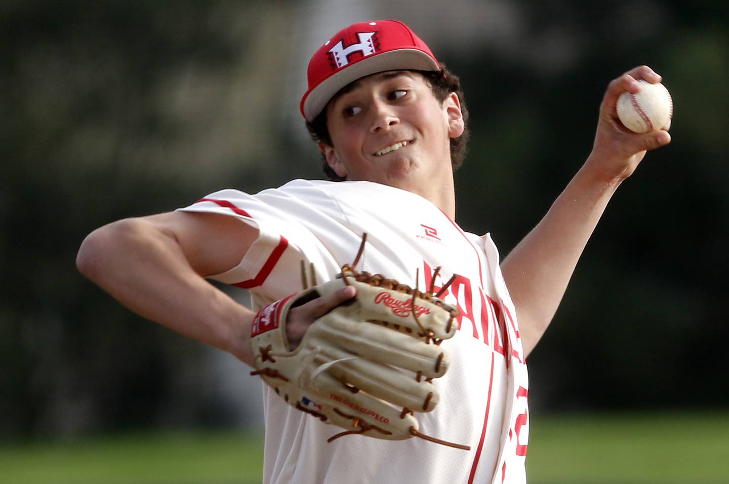 Huntley's Leonardo Bianchin throws a pitch during a Fox Valley Conference baseball game against Hampshire on Monday, April 28, 2025, at Huntley High School.