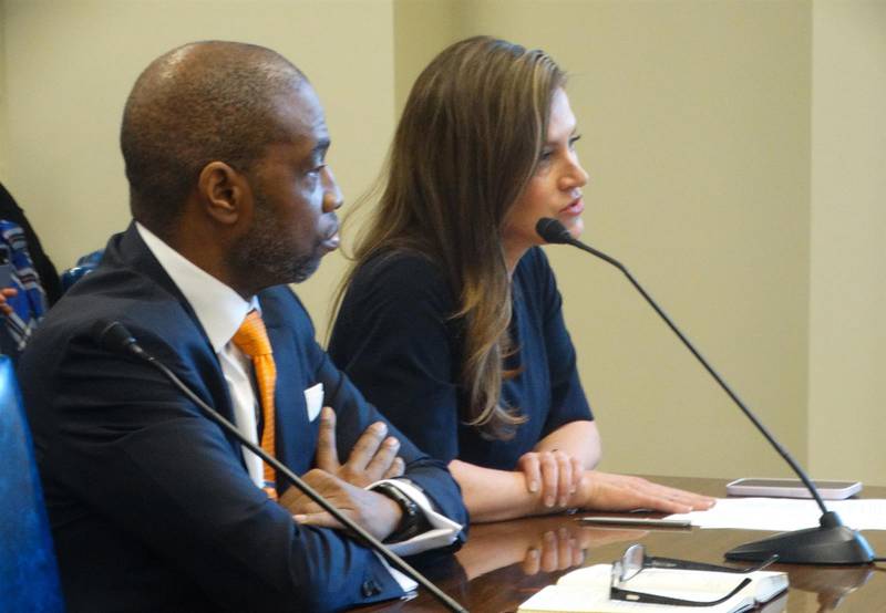 Former Colorado House Speaker Terrance Carroll, left, and elections expert Amber McReynolds testify to a House committee about the experience of Colorado and other states with ranked choice voting, a system in which voters rank candidates in order of preference rather than choosing just one. (Capitol News Illinois photo by Peter Hancock)